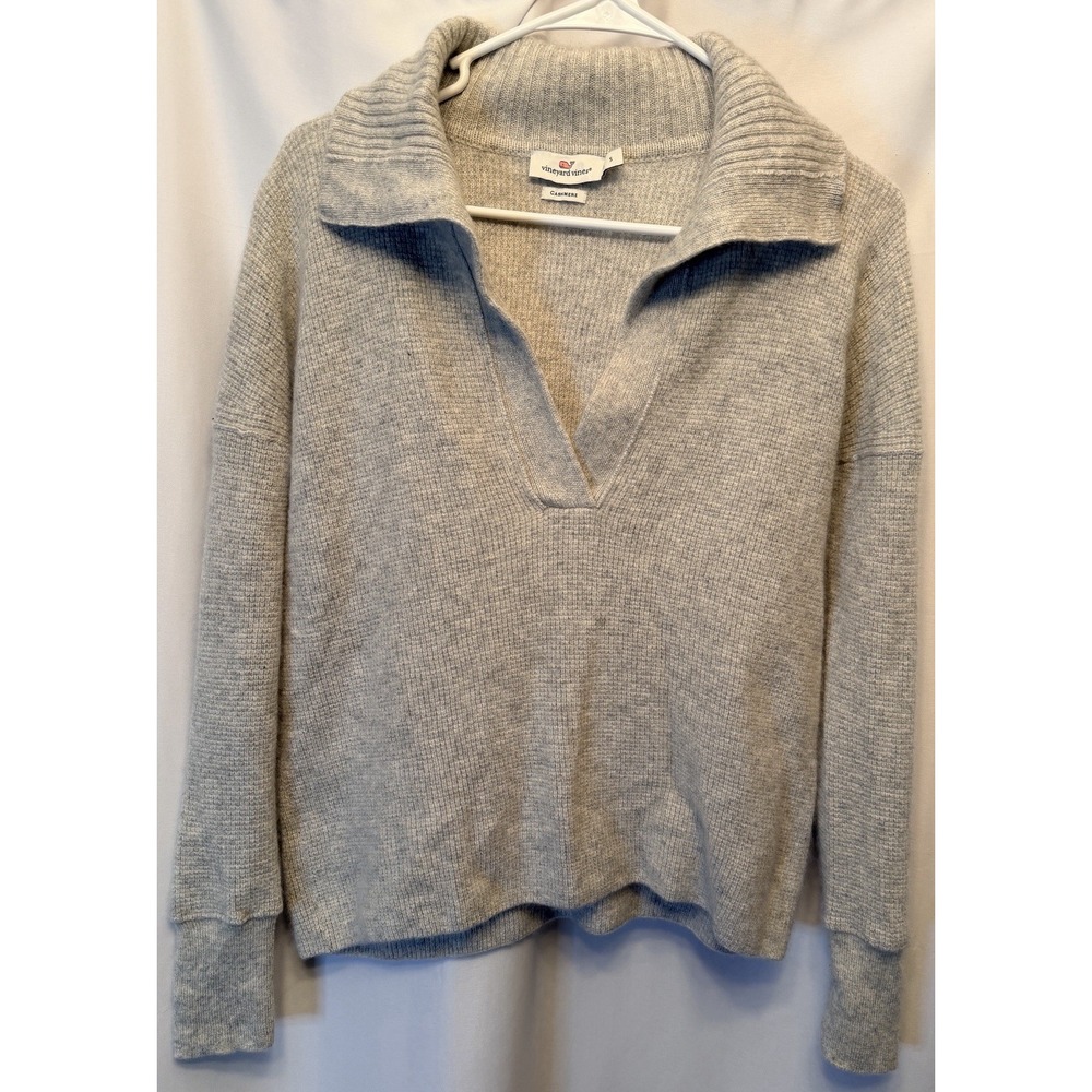 Vineyard Vines Women's Small Cashmere Collared Pullover Sweater Gray Waffle Knit